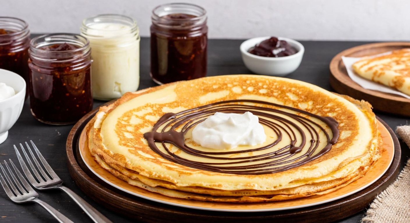 A golden-brown crepe drizzled with honey and chocolate, topped with a dollop of yogurt, surrounded by jars of jam and a bowl of melted cheese sauce on a rustic wooden table in a Turkish kitchen.