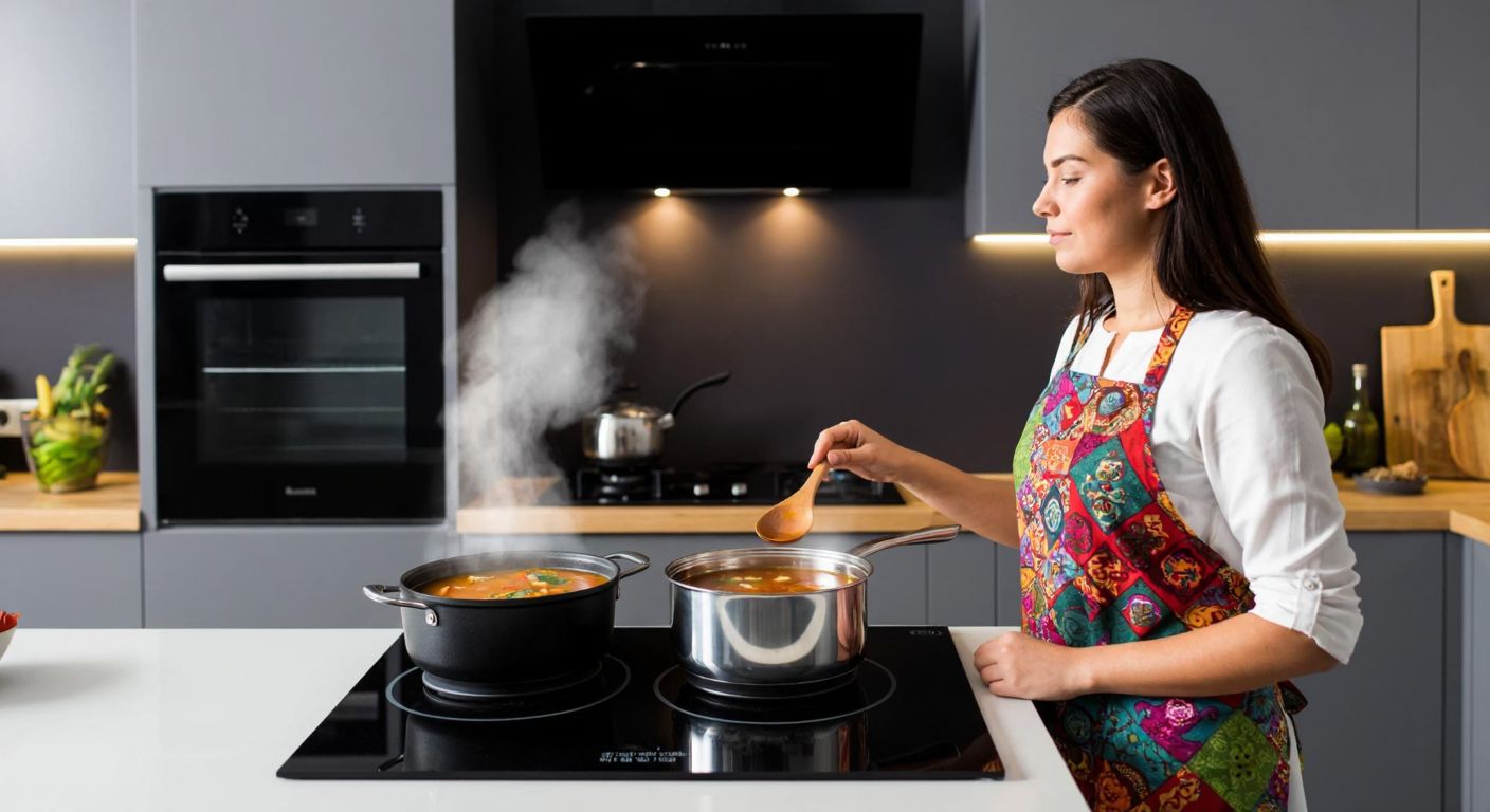 A modern Turkish kitchen with a sleek glass stovetop and an electric stovetop side by side, a steaming pot of çorba simmering on one, while a woman in a colorful apron compares them thoughtfully.