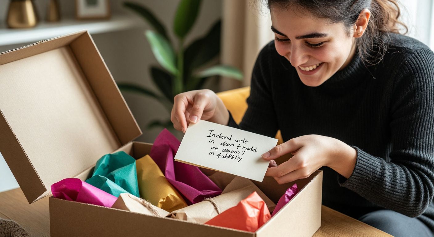 A person in Turkey carefully placing a handwritten note inside a gift box filled with colorful wrapping paper and soft padding, while smiling warmly.