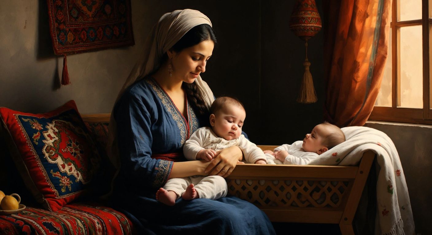 A Turkish mother in a cozy, dimly lit room gently cradles a baby in her arms while softly humming a lullaby, with traditional embroidered cushions and a wooden cradle nearby.