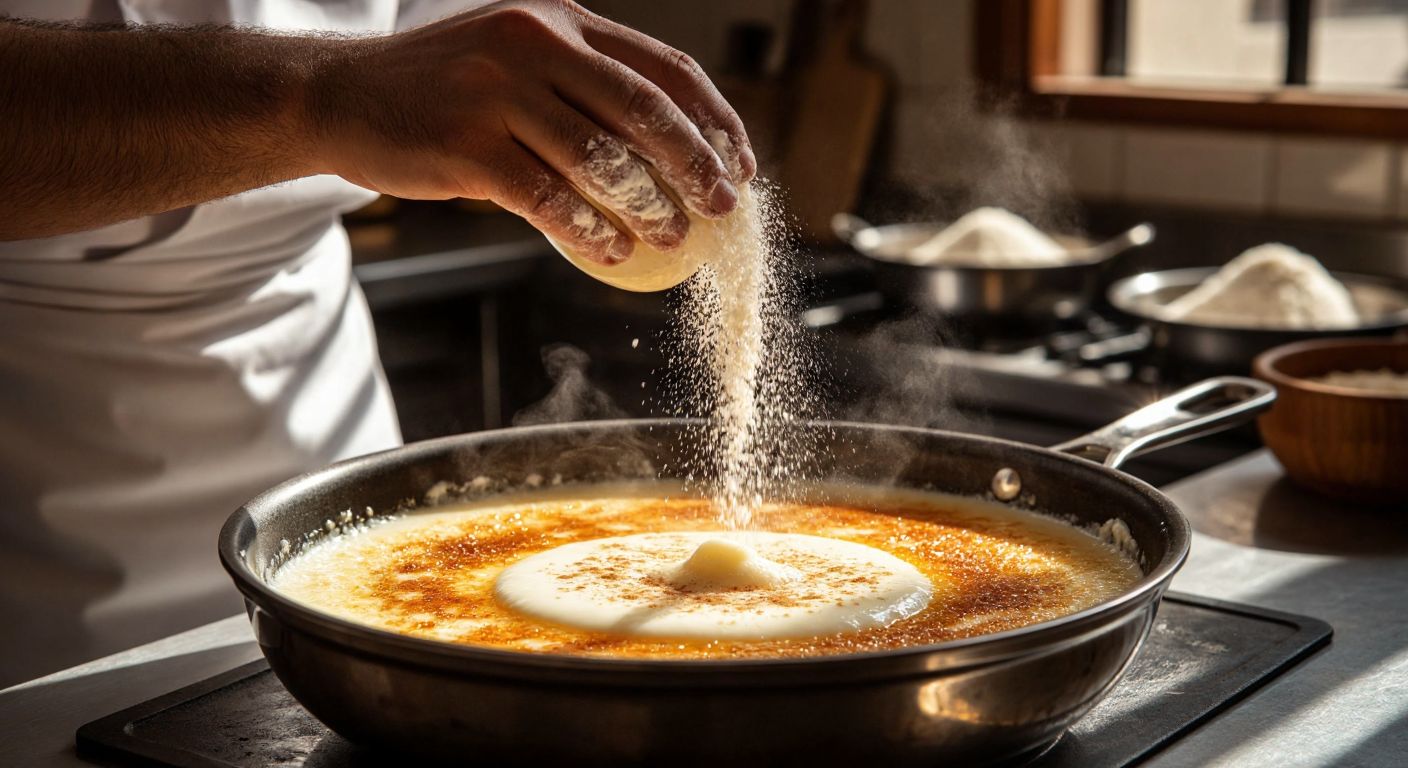 A Turkish chef in a sunlit kitchen sprinkles rice flour into a pot of simmering milk, creating a creamy, golden-brown sütlaç with a smooth texture.