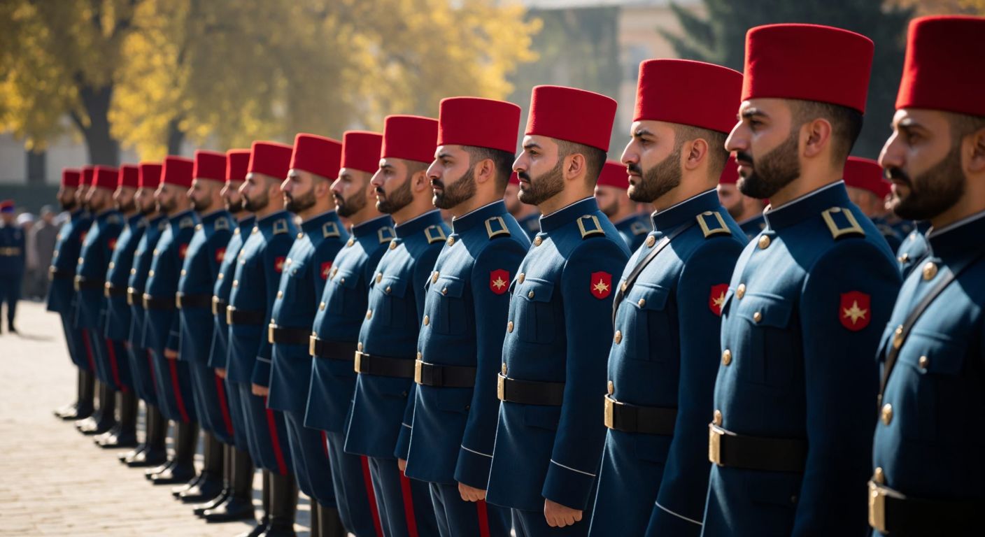 A row of disciplined Ottoman soldiers in dark blue uniforms with red fezzes stand at attention on a sunlit parade ground, flanked by European-style military instructors observing their drills.