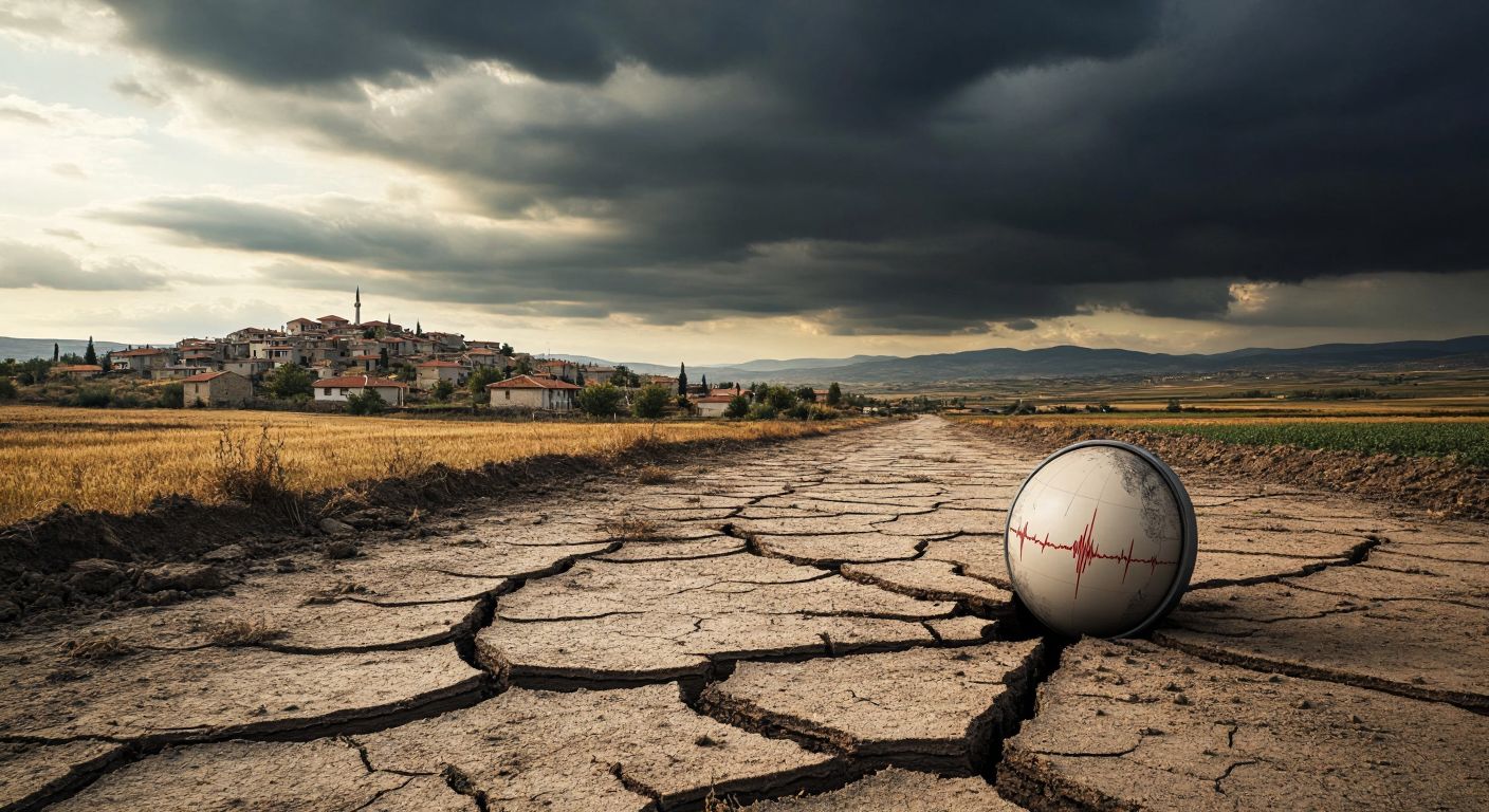 A cracked rural Turkish landscape under a cloudy sky, with a small village in the distance and a seismograph needle trembling slightly on a wooden table.