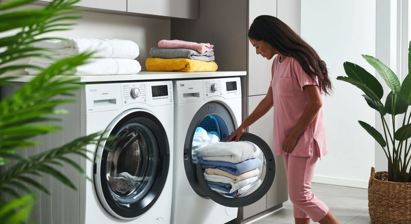 A modern Turkish laundry room with a sleek Profilo heat pump dryer, neatly folded cotton and synthetic clothes stacked beside it, and a woman in casual homewear thoughtfully selecting a program on the machine's panel.
