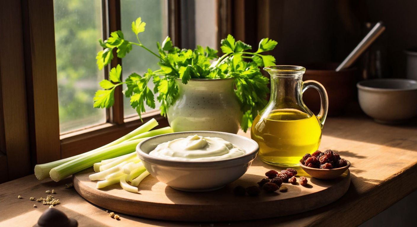 A rustic wooden table in a Turkish kitchen holds freshly grated celery, thinly sliced leeks, a bowl of creamy yogurt, golden olive oil in a small pitcher, and scattered raisins and spices, with sunlight streaming through a nearby window.