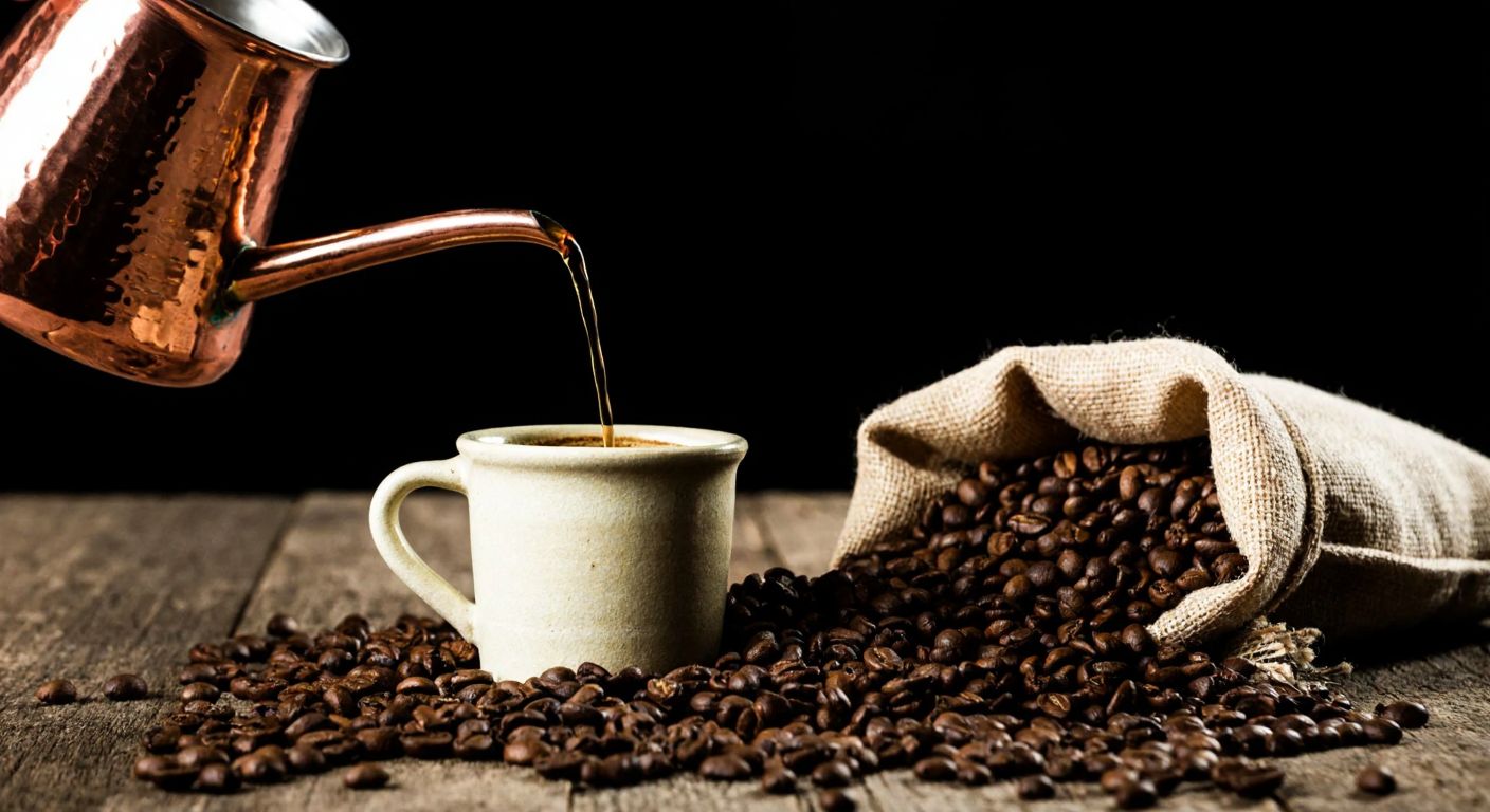 A warm, rustic Turkish café scene with a barista pouring freshly brewed coffee from a copper cezve into a small ceramic cup, surrounded by aromatic, dark-roasted coffee beans spilling from a burlap sack.