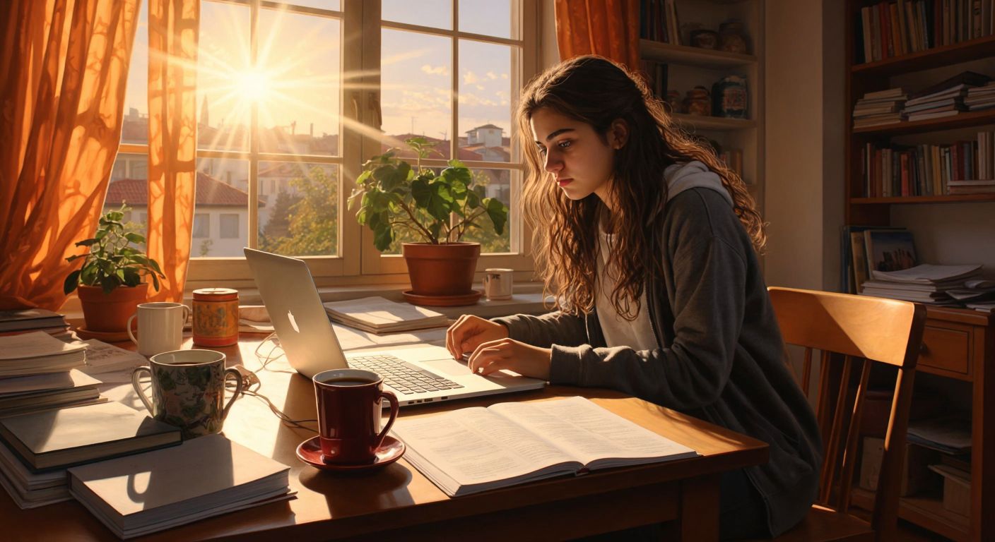 A focused Turkish high school student sits at a wooden desk with a laptop open, surrounded by printed PDF worksheets and textbooks, while sunlight streams through a window onto a steaming cup of çay.