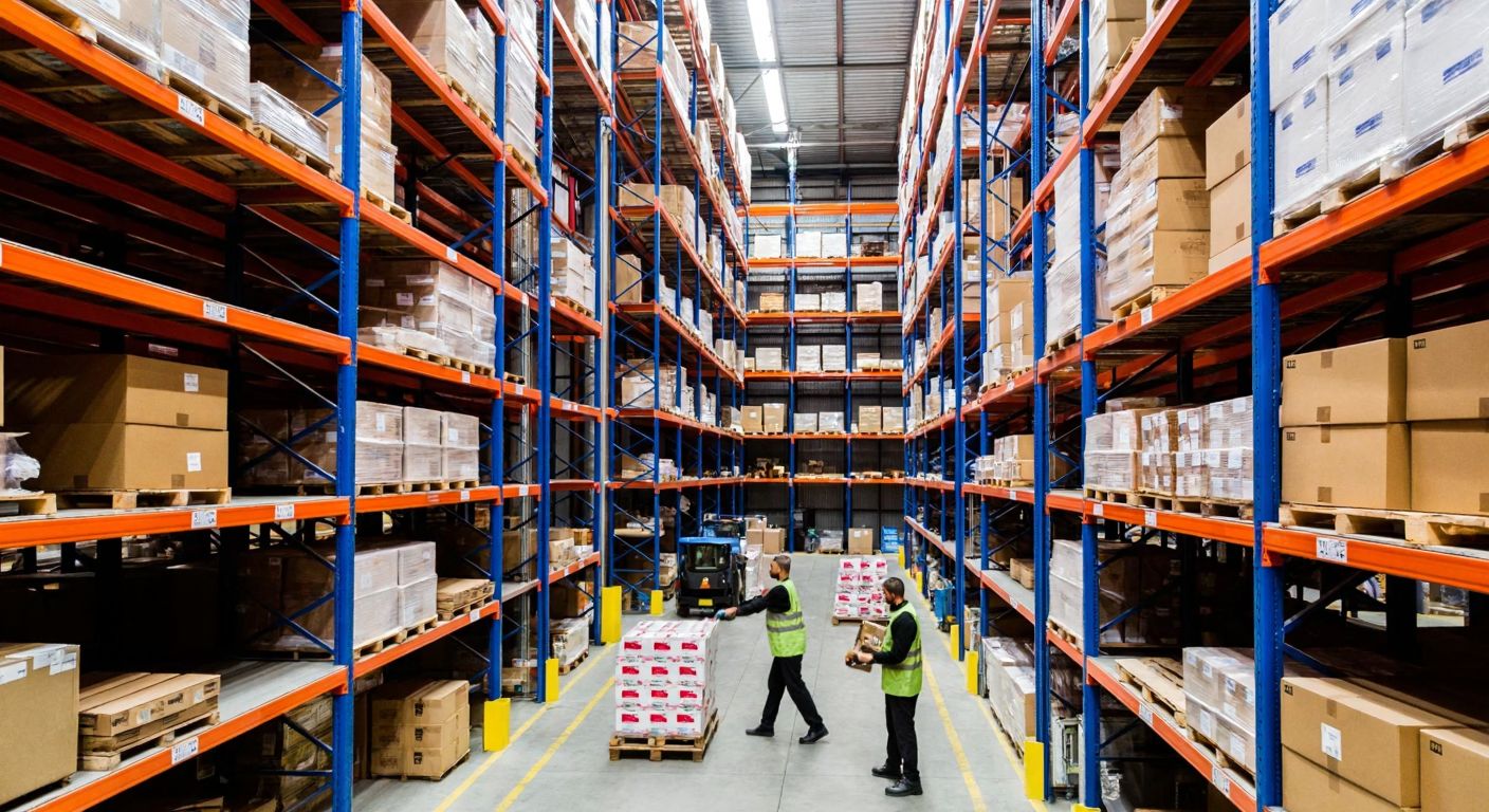 A bustling Turkish warehouse with towering multi-tiered metal shelving units stacked high with neatly arranged boxes, maximizing vertical space while workers efficiently move pallets below.