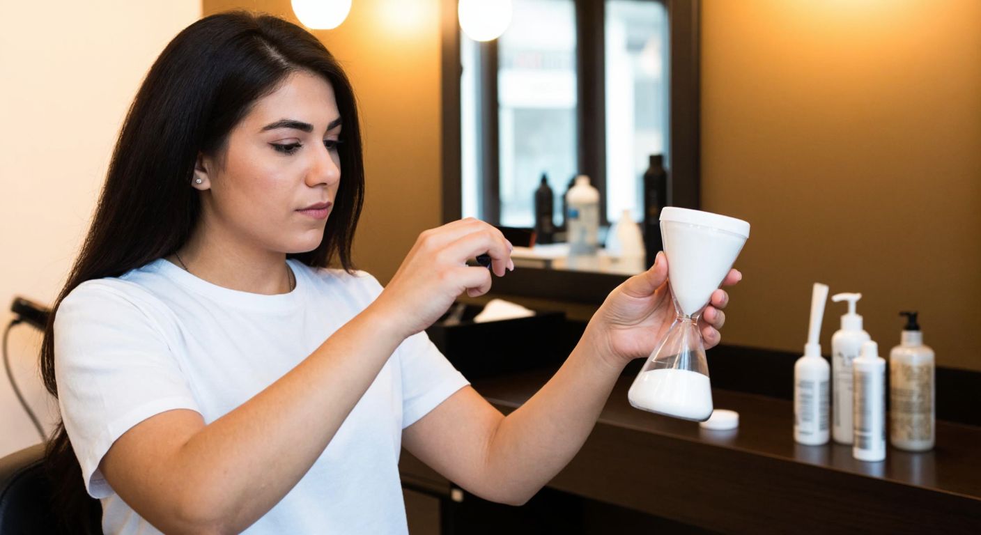 A young woman with dark hair in a Turkish salon carefully applies Lilafix bleaching powder while checking the time on a small hourglass, surrounded by hairdressing tools and a warm, inviting atmosphere.