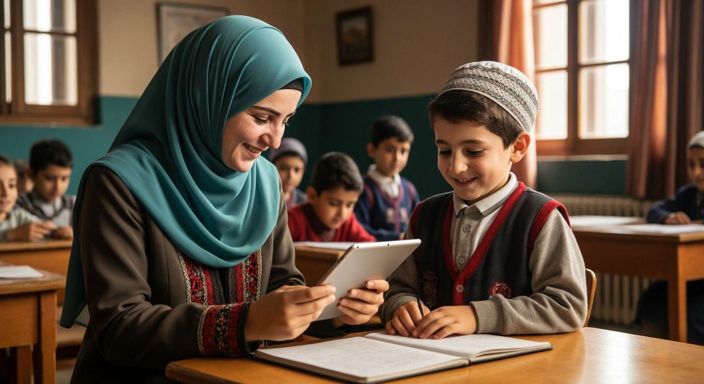 A young student in a traditional Turkish classroom, nervously checking a tablet with a hopeful expression, while a teacher in modest religious attire smiles reassuringly nearby.