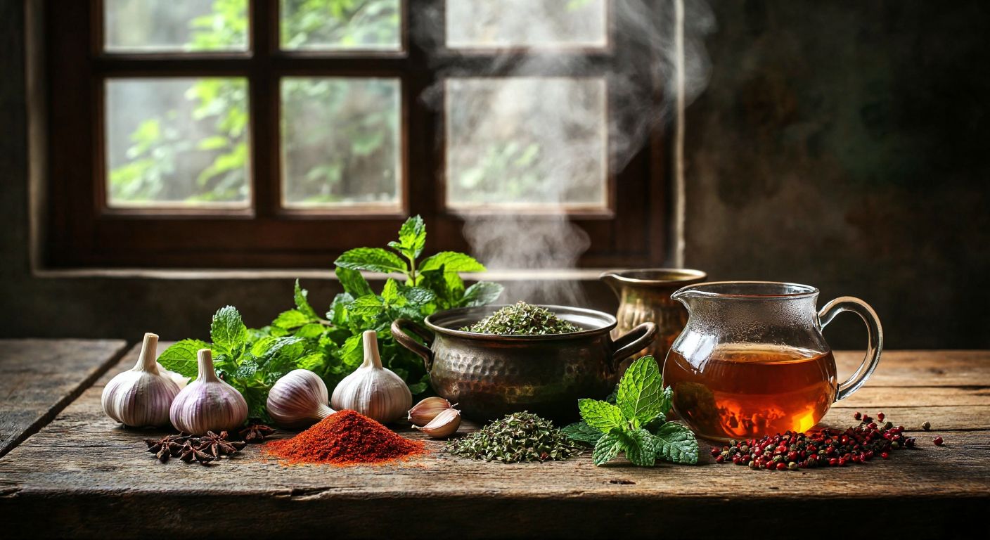 A warm Turkish kitchen with a wooden table displaying vibrant seasonal spices like thyme, garlic, and red pepper flakes, alongside fresh mint leaves and a steaming pot of herbal tea, evoking health and comfort.