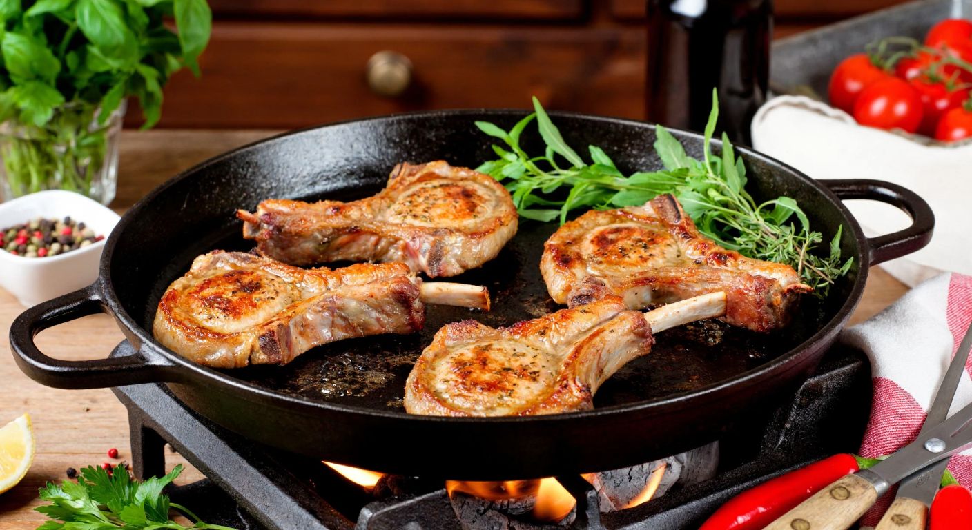 A sizzling cast-iron skillet with golden-brown lamb chops over a high flame, surrounded by fresh herbs and a rustic Turkish kitchen backdrop.