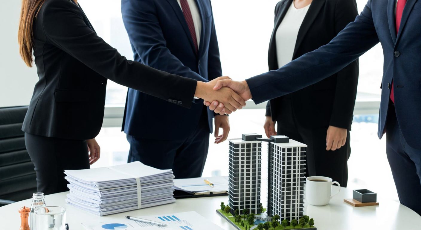A group of well-dressed Turkish businesspeople in a modern office shaking hands over a table with stacks of documents and a miniature scale model of a high-rise building, symbolizing collaboration and corporate growth.