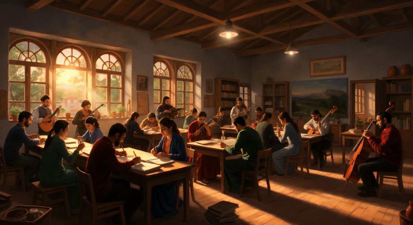 A warmly lit evening classroom in Turkey, with diverse adult students attentively engaged in various activities—reading literature, solving math problems, conducting science experiments, painting, playing musical instruments, and exercising—while a teacher guides them.