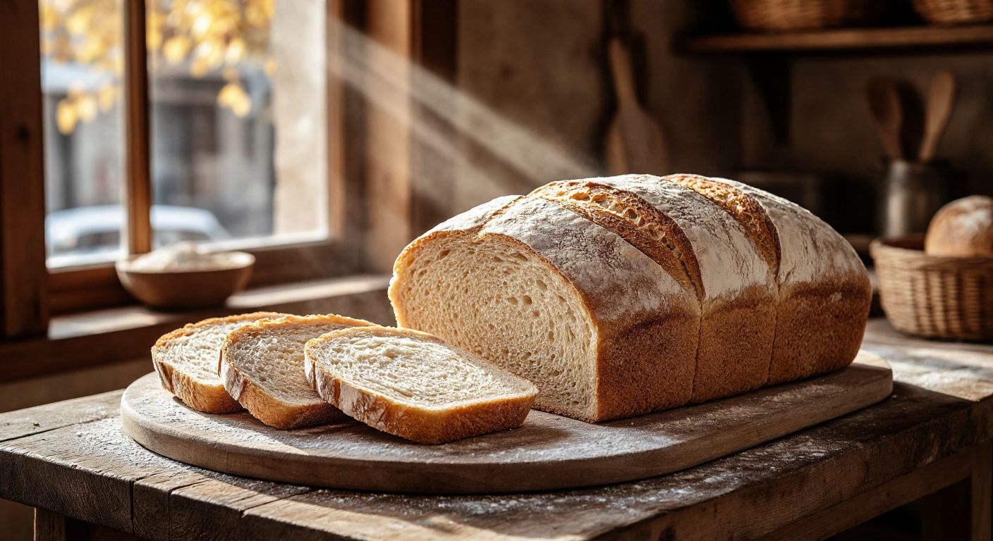 A rustic wooden table in a Turkish bakery holds two halves of white bread next to a whole loaf of dense, golden-brown whole wheat bread, with flour dusting the surface and warm sunlight streaming through a nearby window.