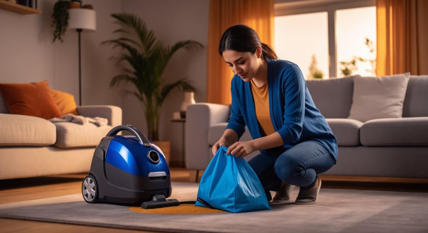 A Turkish woman in a cozy home setting carefully inserts a vacuum cleaner bag into a Philips vacuum, her expression focused as she follows the steps, with the vacuum's dust compartment open and a spare bag nearby.