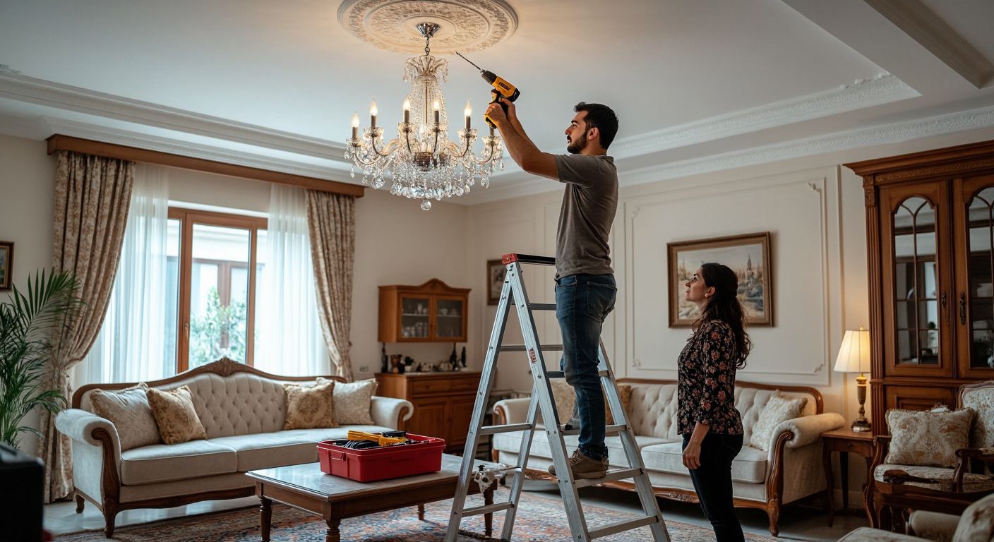 A Turkish man in a casual outfit stands on a sturdy ladder, carefully drilling into a white ceiling while holding a modern crystal chandelier, with a toolbox open nearby and a concerned woman watching from below in a well-lit living room with traditional Turkish furniture.