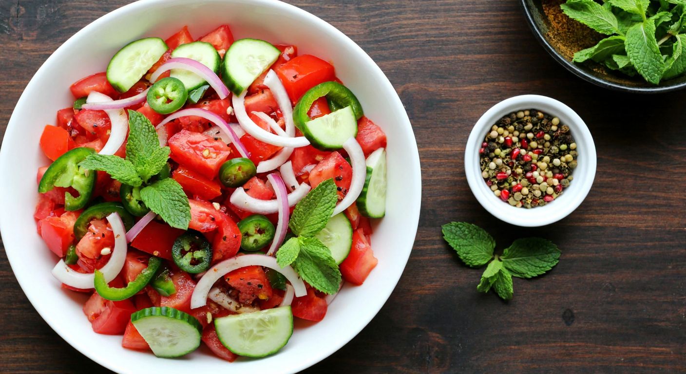 A vibrant Turkish mezze platter featuring finely diced tomatoes, cucumbers, onions, and green peppers, drizzled with pomegranate molasses and olive oil, garnished with fresh mint leaves, resting on a rustic wooden table with a bowl of spices nearby.