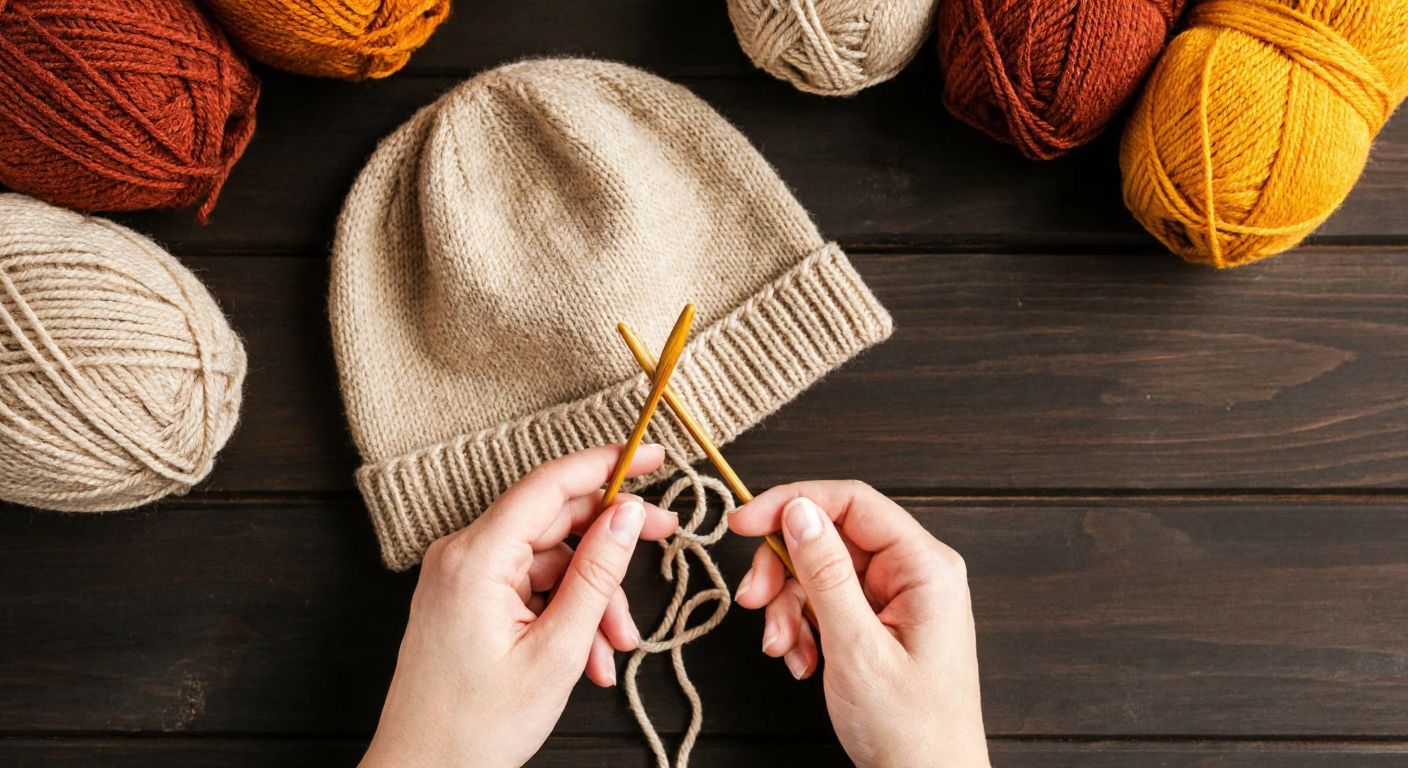 A pair of hands holding knitting needles with a half-finished beige woolen hat resting on a wooden table, surrounded by balls of yarn in warm autumn colors.