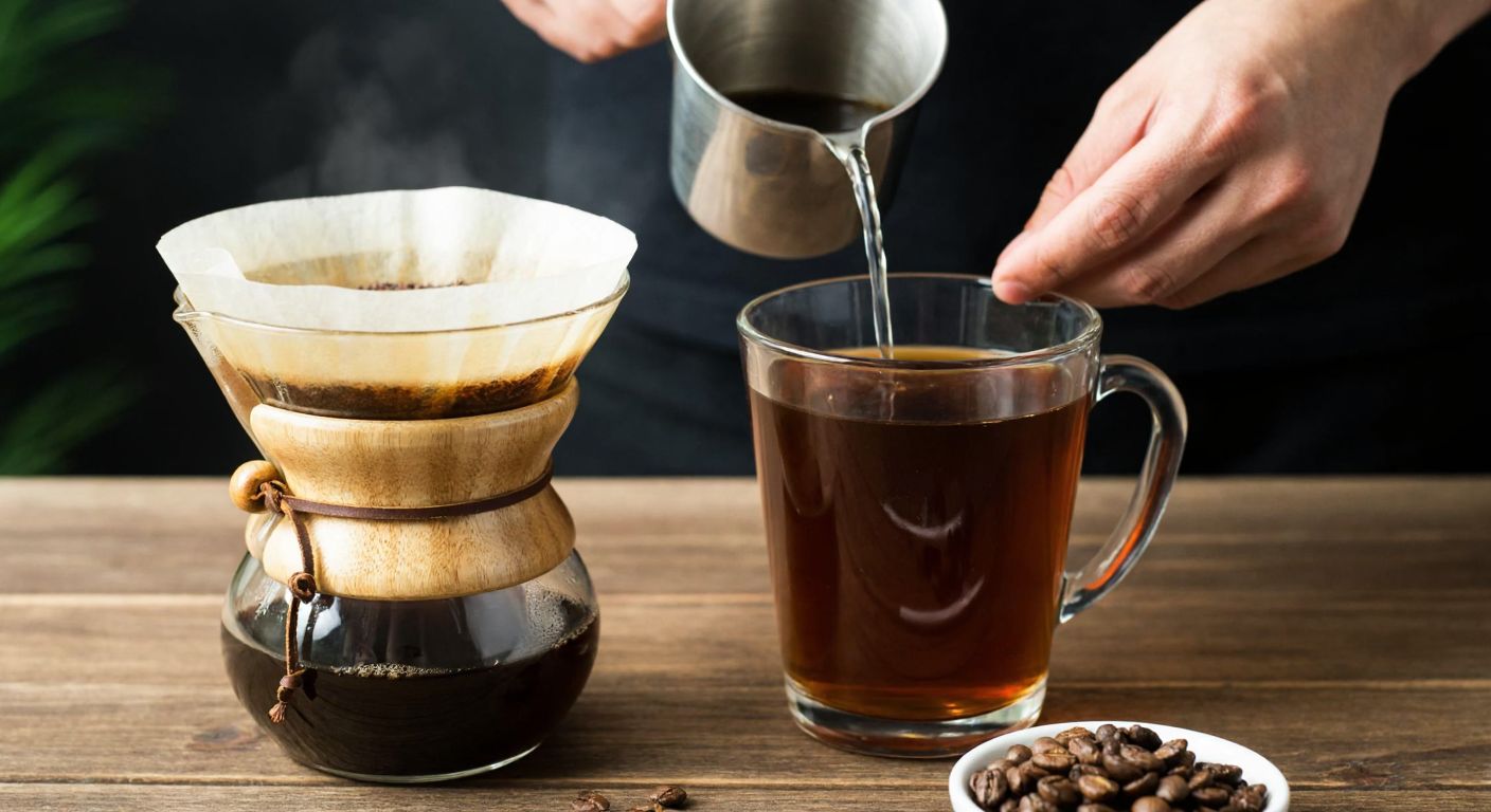 A close-up of a Turkish person’s hands carefully pouring hot water over freshly ground coffee in a paper filter, with a steaming glass of amber-brown *filtre kahve* resting on a wooden table beside a small bowl of whole coffee beans.