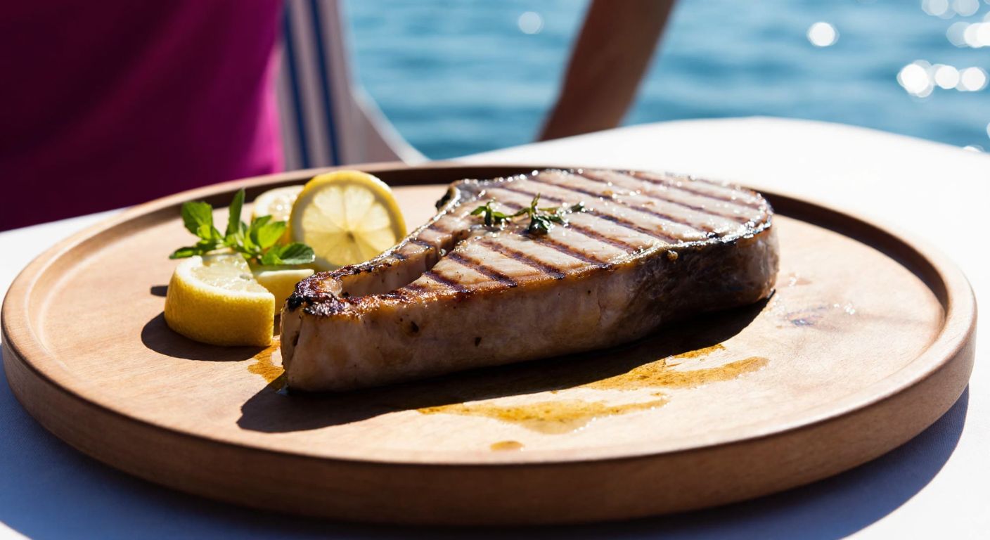 A freshly grilled swordfish steak on a rustic wooden plate, glistening with olive oil and garnished with lemon slices and fresh herbs, set against a backdrop of a sunlit Turkish seaside terrace.