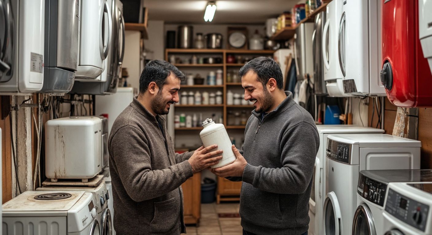 A Turkish man in a bustling second-hand appliance shop carefully inspecting a slightly worn water heater while the shopkeeper demonstrates its functionality with a reassuring smile.