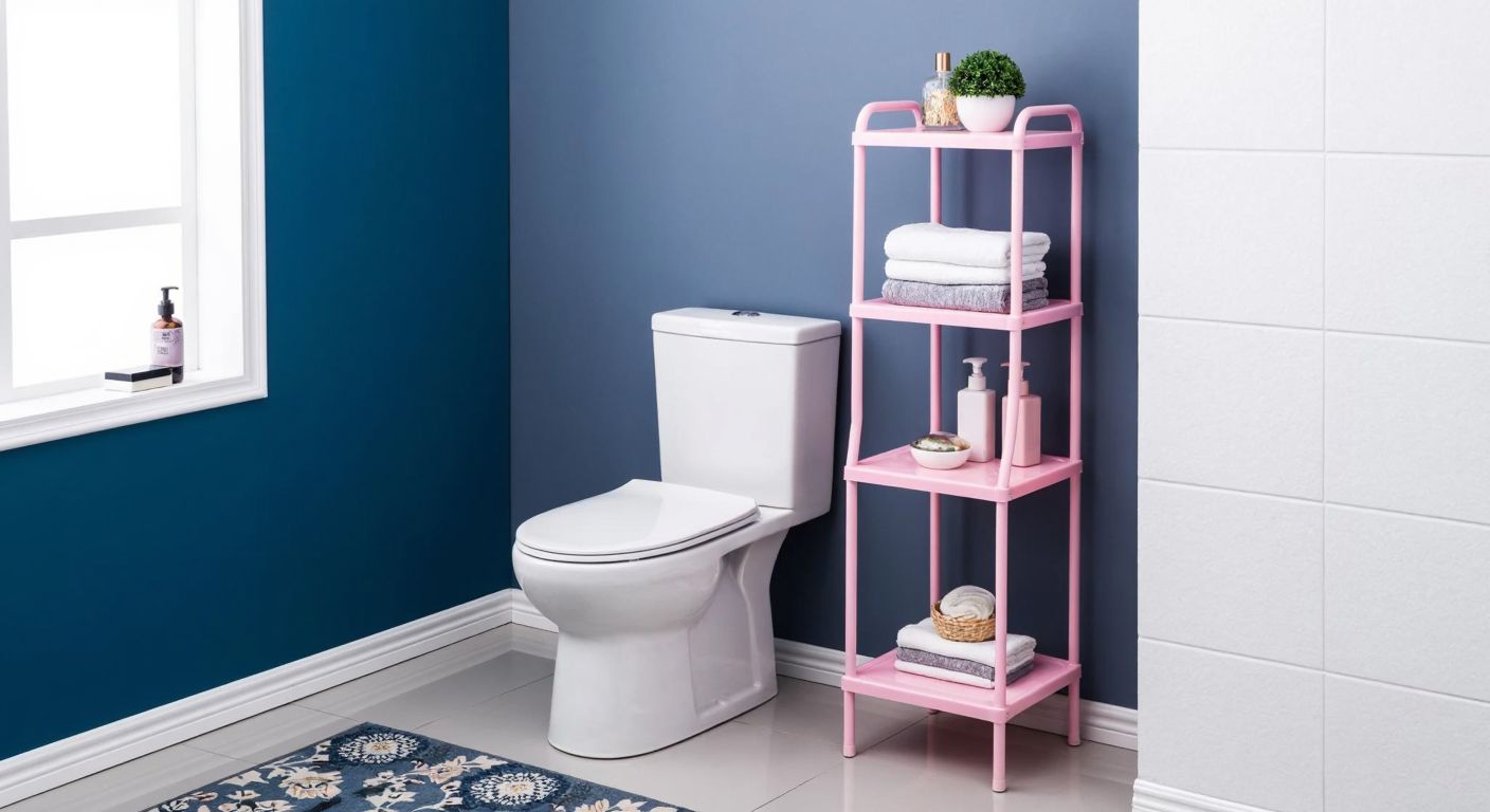 A modern Turkish bathroom with a white 50 cm toilet, topped by a three-tiered floral-patterned shelf holding folded towels and a small potted plant, while a sleek adjustable pink shelf stands beside it with neatly arranged toiletries.