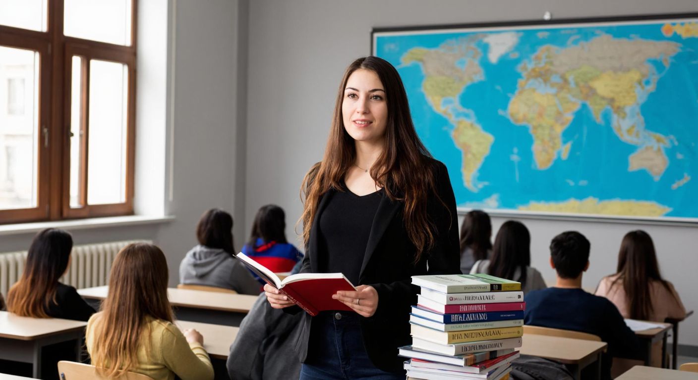A young woman in a university classroom confidently teaching Bulgarca to attentive students, with a stack of Bulgarian literature books and a world map in the background.