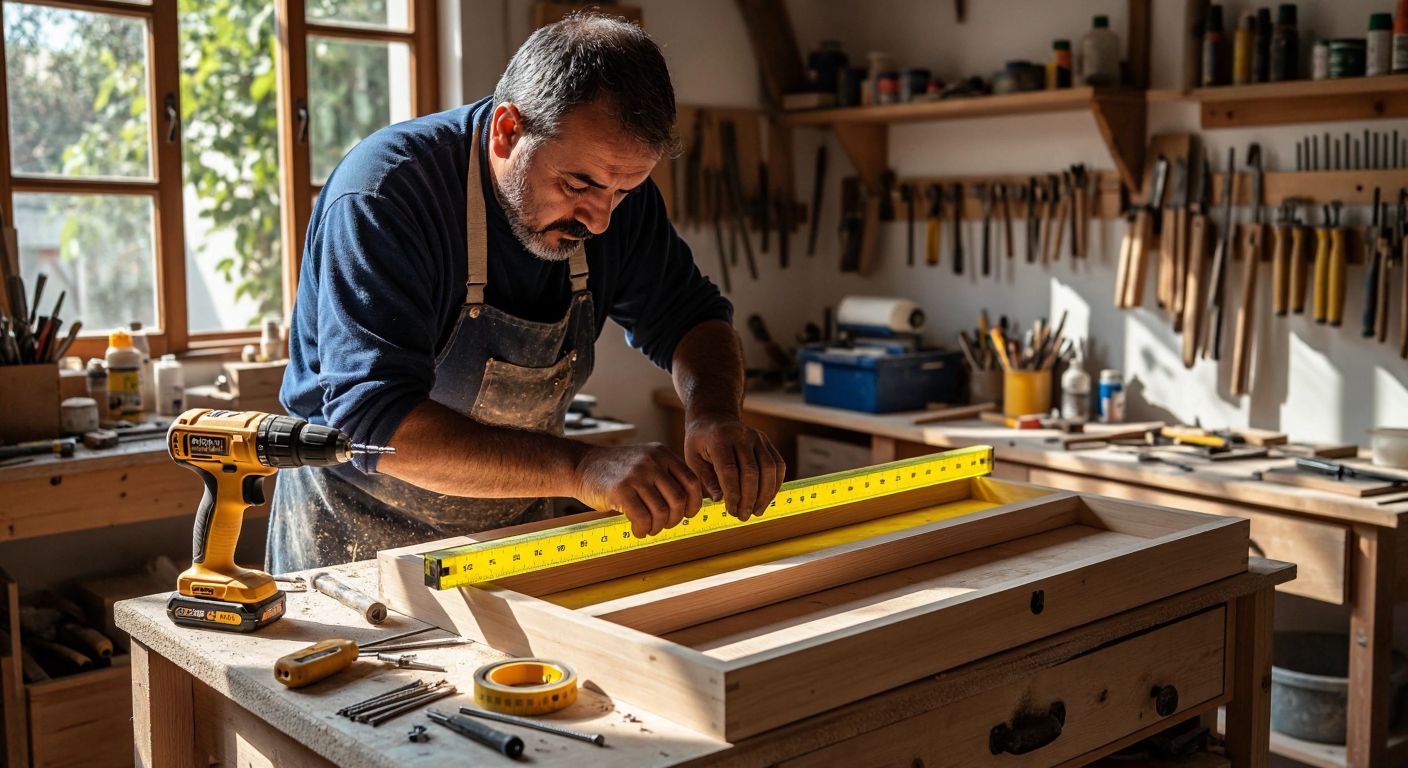 A Turkish craftsman in a sunlit workshop carefully aligns a wooden decorative rail on a drawer, using a spirit level while scattered tools like a drill, screws, and a measuring tape lie nearby.