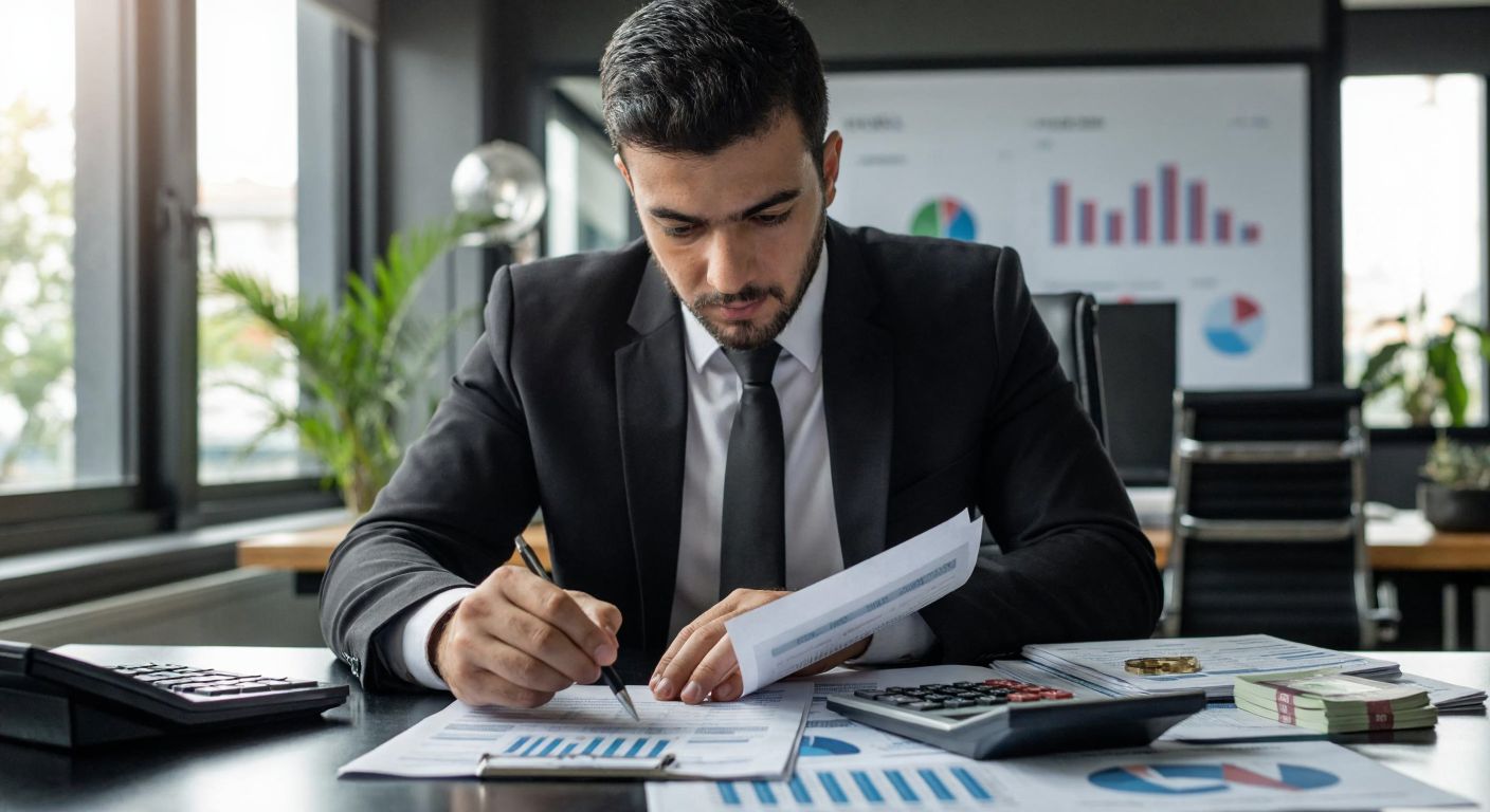 A focused Turkish businessperson in a modern office, carefully reviewing financial documents with a calculator and a small stack of lira banknotes on the desk, while a chart showing income and expenses is visible in the background.