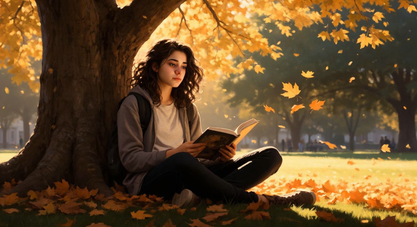 A thoughtful Turkish teenager sits under a tree in a sunlit park, holding a book with a pensive expression while autumn leaves drift around them.