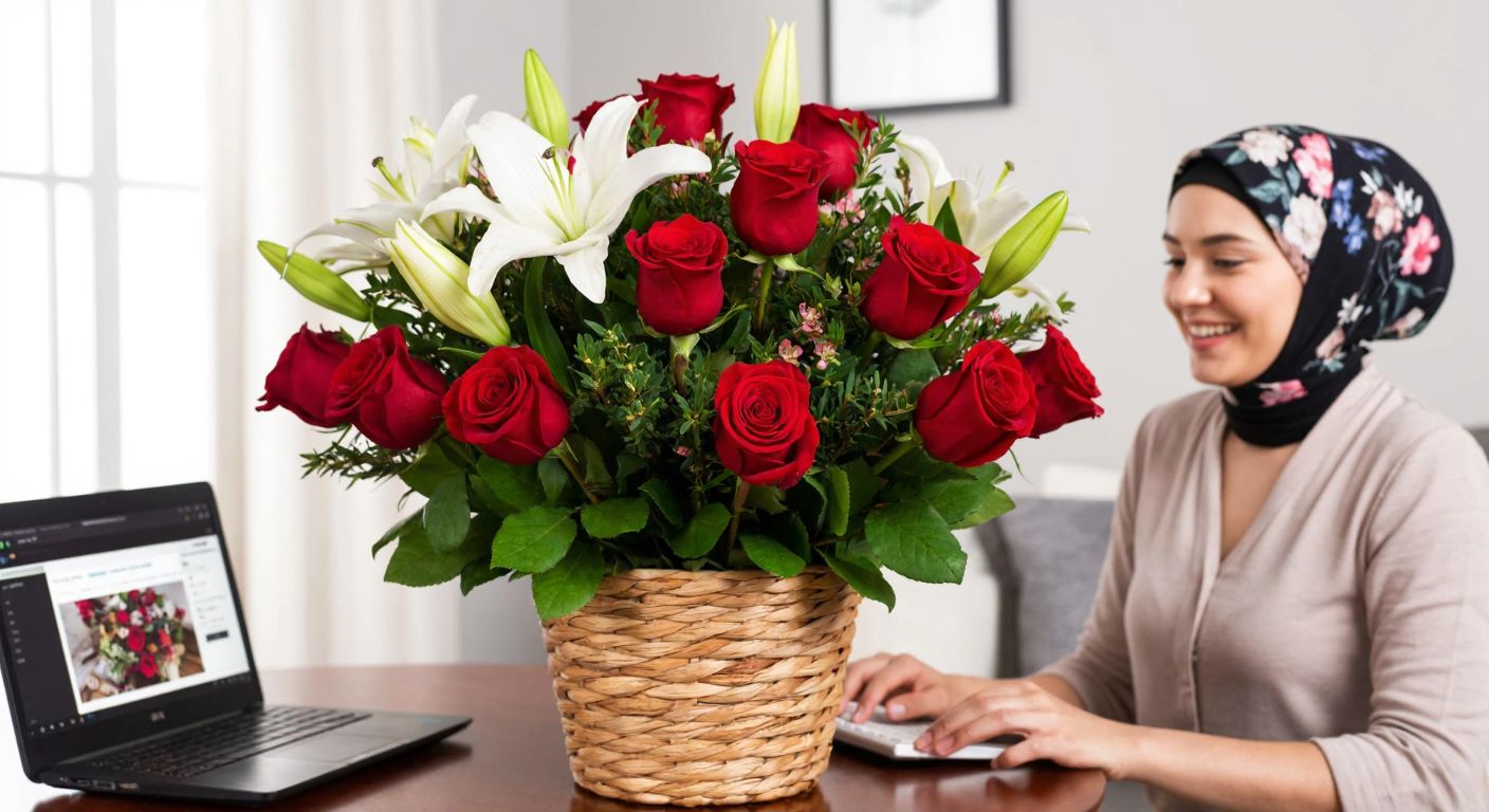 A vibrant bouquet of red roses and white lilies arranged in a woven basket, placed on a wooden table in a cozy Konya home, with a smiling woman in a floral headscarf browsing a flower website on her laptop.