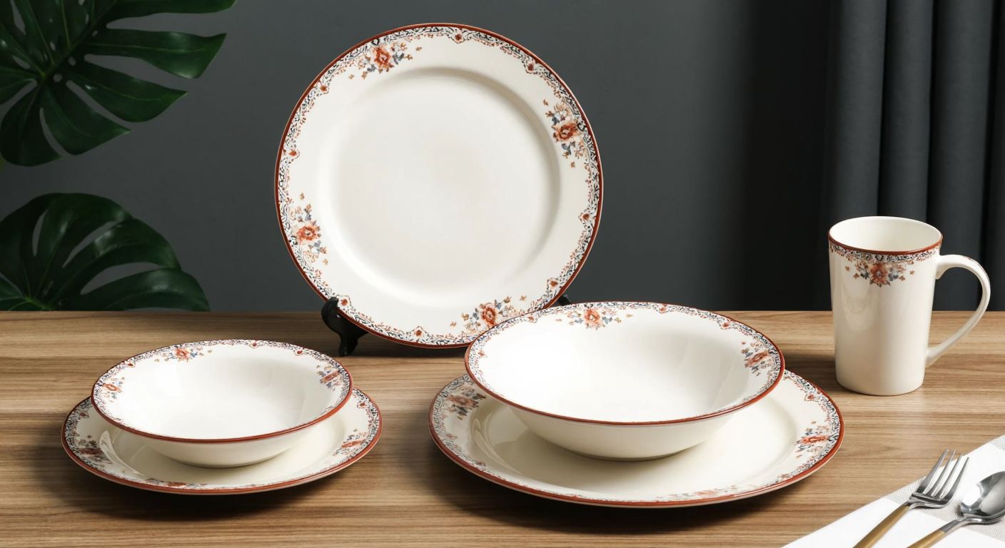A neatly arranged Turkish dining set on a wooden table, featuring a large dinner plate, a deep soup bowl, a serving platter, a small dessert plate, a glass, and a ceramic cup, all in a warm, floral-patterned design.