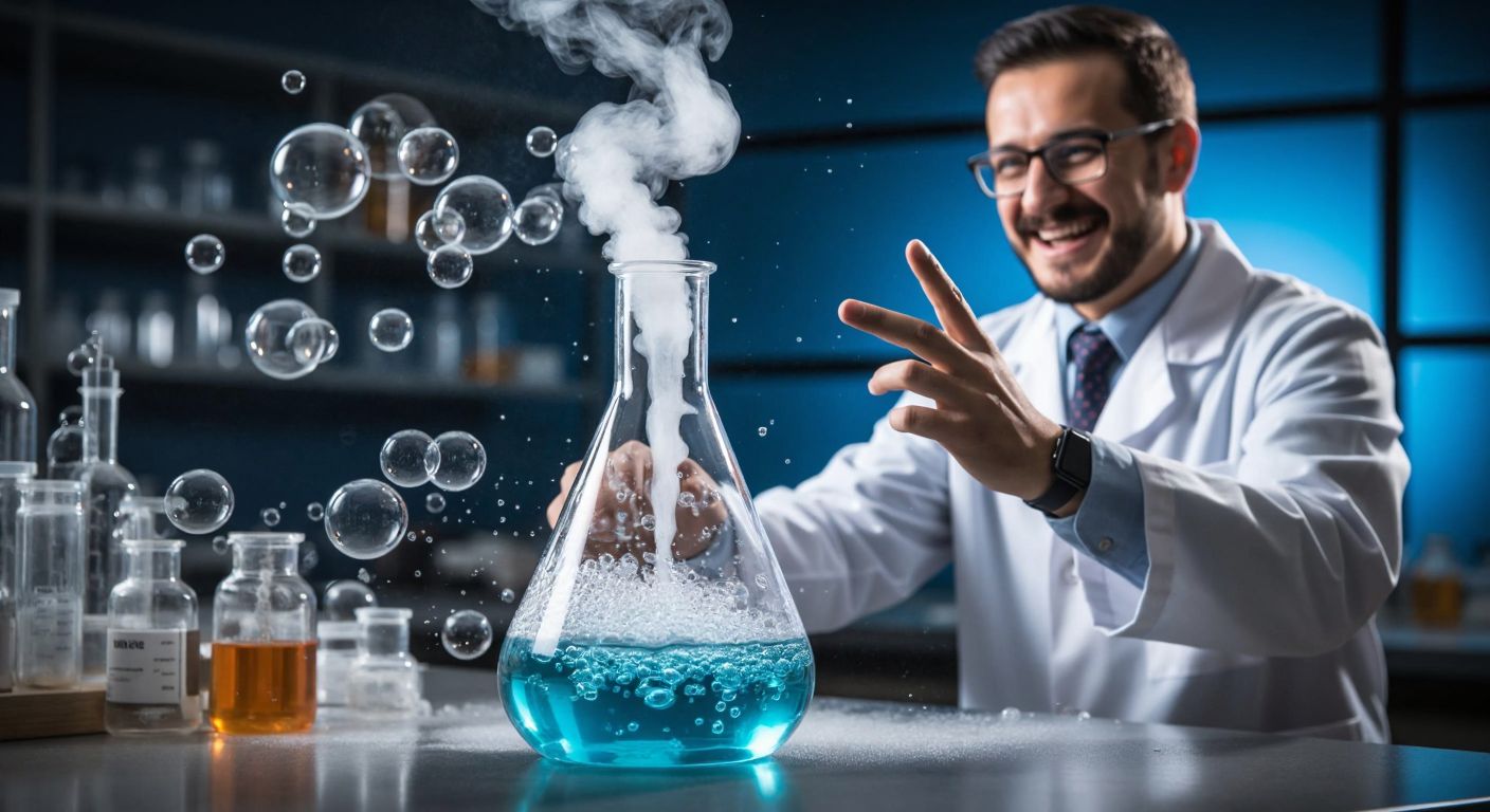 A clear glass beaker filled with a bubbling solution of sodium hydroxide, surrounded by floating hydroxide ions (OH⁻) and sodium ions (Na⁺), with a Turkish chemistry teacher in a lab coat gesturing toward it enthusiastically.