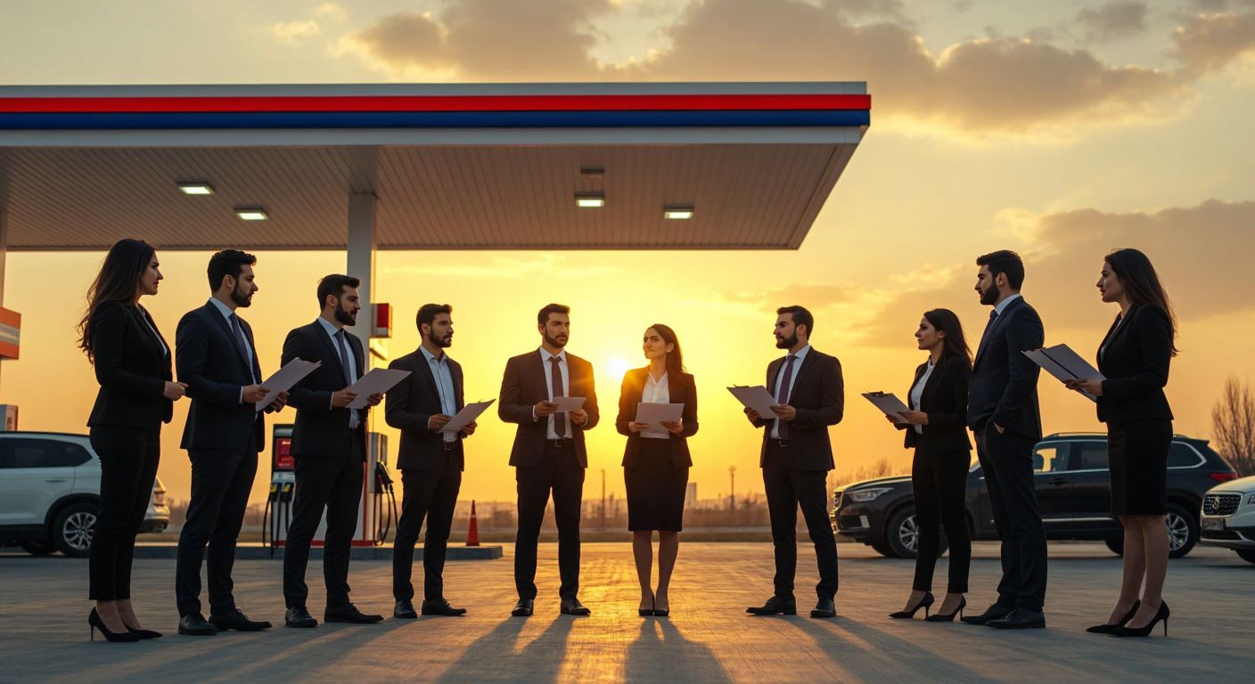 A group of determined businesspeople in formal attire stand confidently in front of a modern Turkish gas station, discussing documents while a bright yellow sun rises over the horizon, symbolizing advocacy and progress.