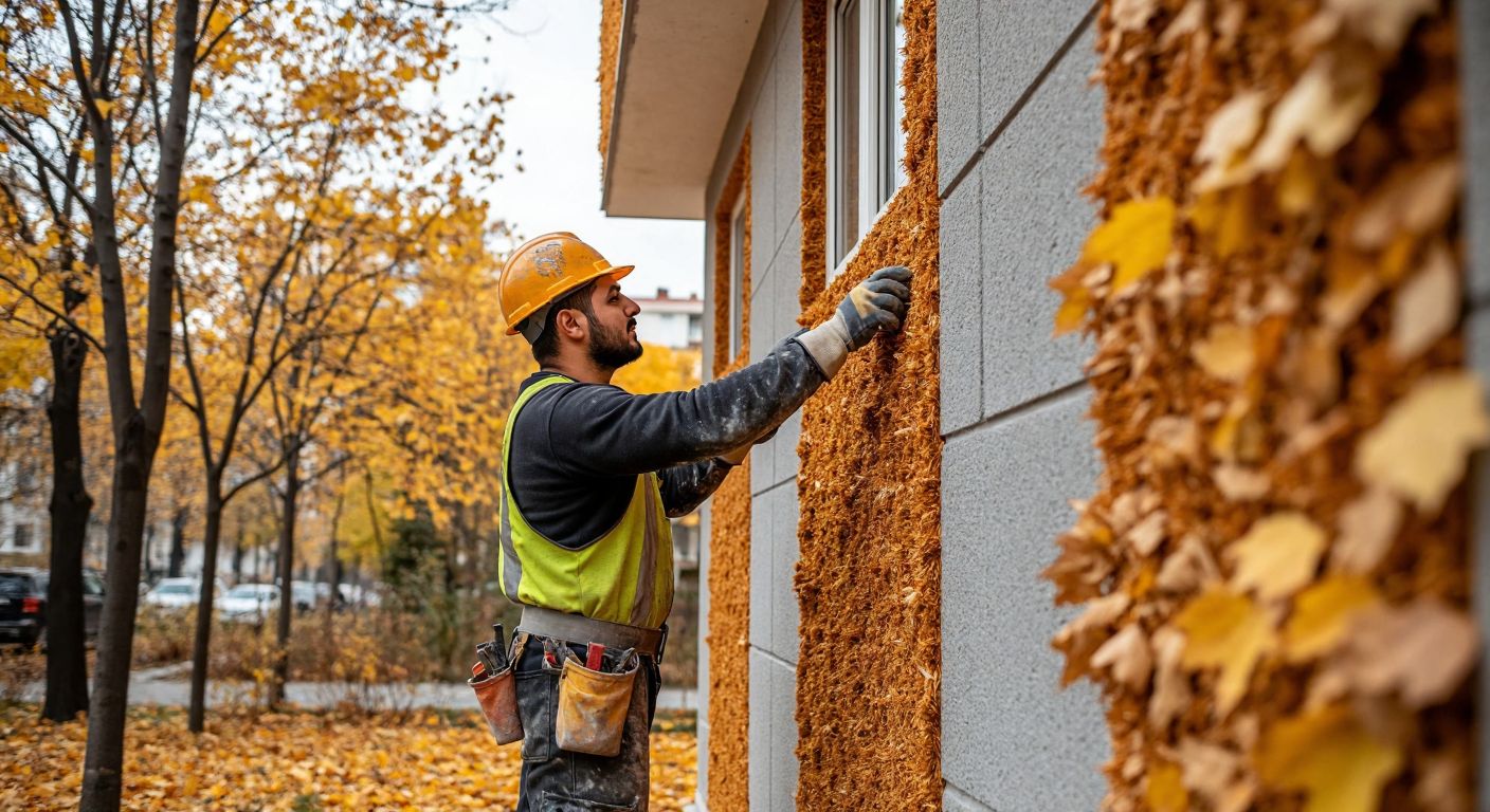 A Turkish worker in a hard hat applies insulation material to a building’s exterior during mild autumn weather, with golden leaves scattered on the ground and a clear blue sky overhead.
