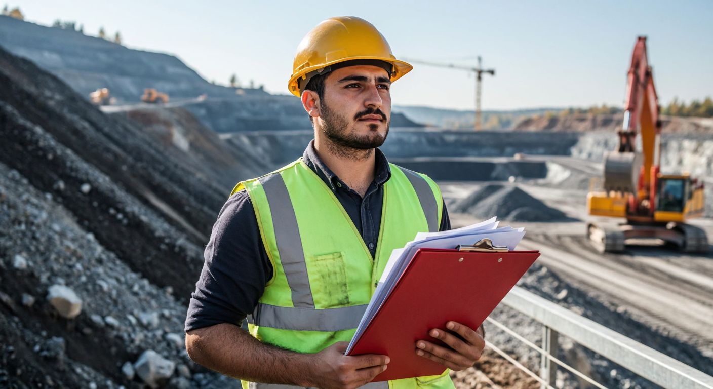 A determined Turkish worker in a hard hat and safety vest stands in front of a mining site, holding a well-organized folder of documents while gazing confidently toward the horizon, symbolizing preparation for an international job application.