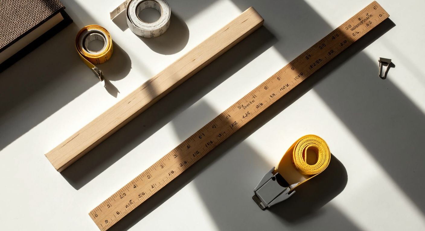 A wooden ruler lies flat on a sunlit table, with one end marked at 13 inches and the other at 33 centimeters, surrounded by scattered measuring tapes and a small notebook.