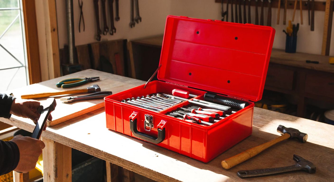 A sturdy red toolbox with its lid open, revealing neatly arranged wrenches, screwdrivers, pliers, and a hammer on a wooden workbench in a sunlit Turkish workshop, with a craftsman’s hands reaching for a tool.