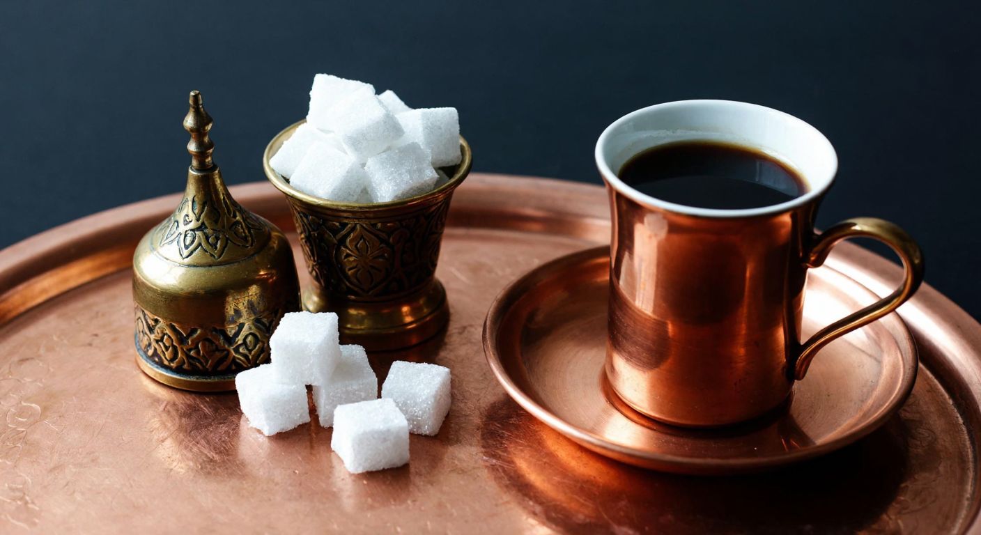 A small, ornate Turkish sugar bowl filled with sugar cubes sits beside a steaming cup of dark coffee on a copper tray, with a few pieces of lokum placed neatly nearby.