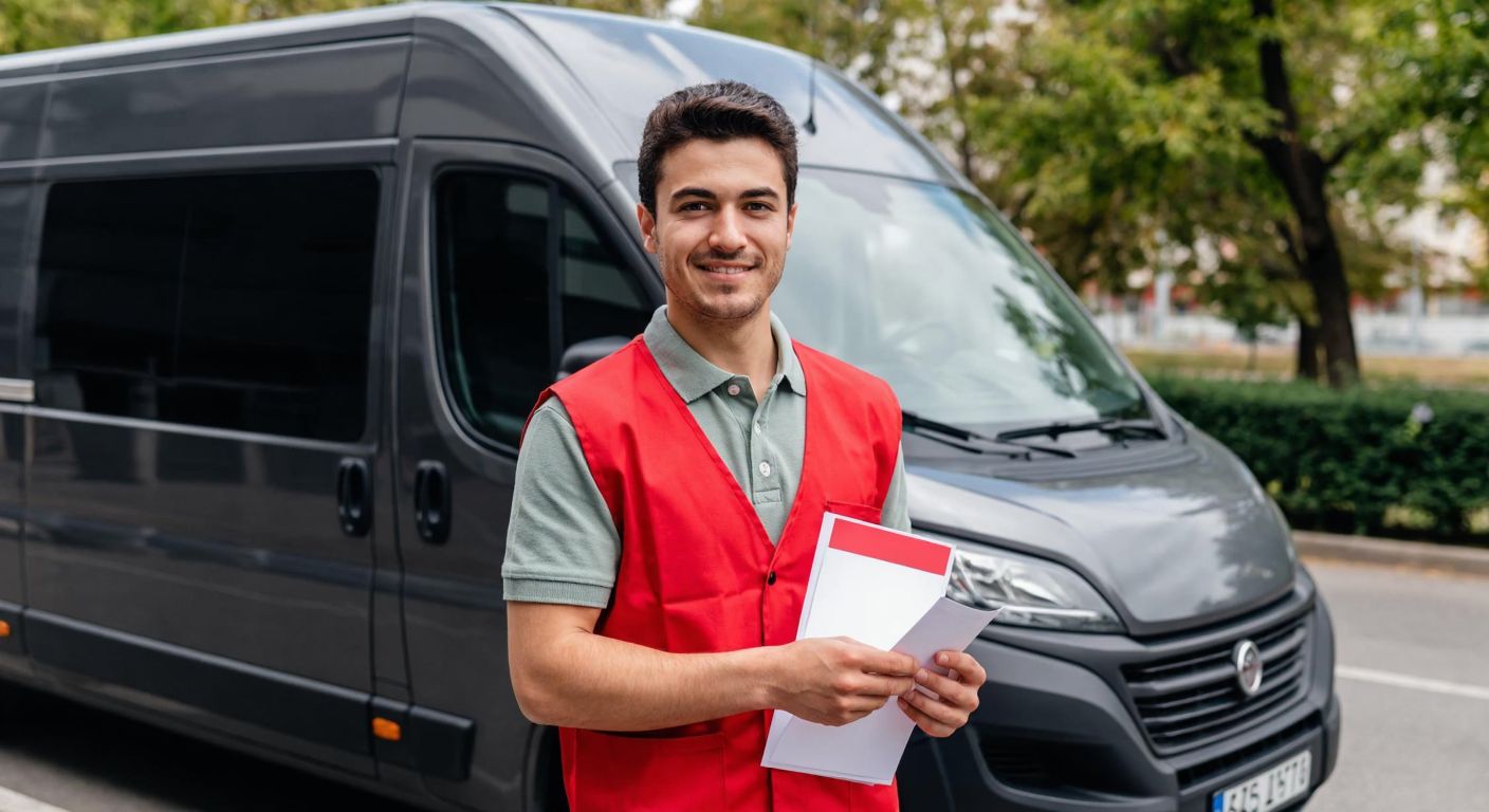 A young Turkish man in a delivery uniform stands confidently beside a parked cargo van, holding a stack of documents and a driver's license, with a friendly smile as he prepares for his route.