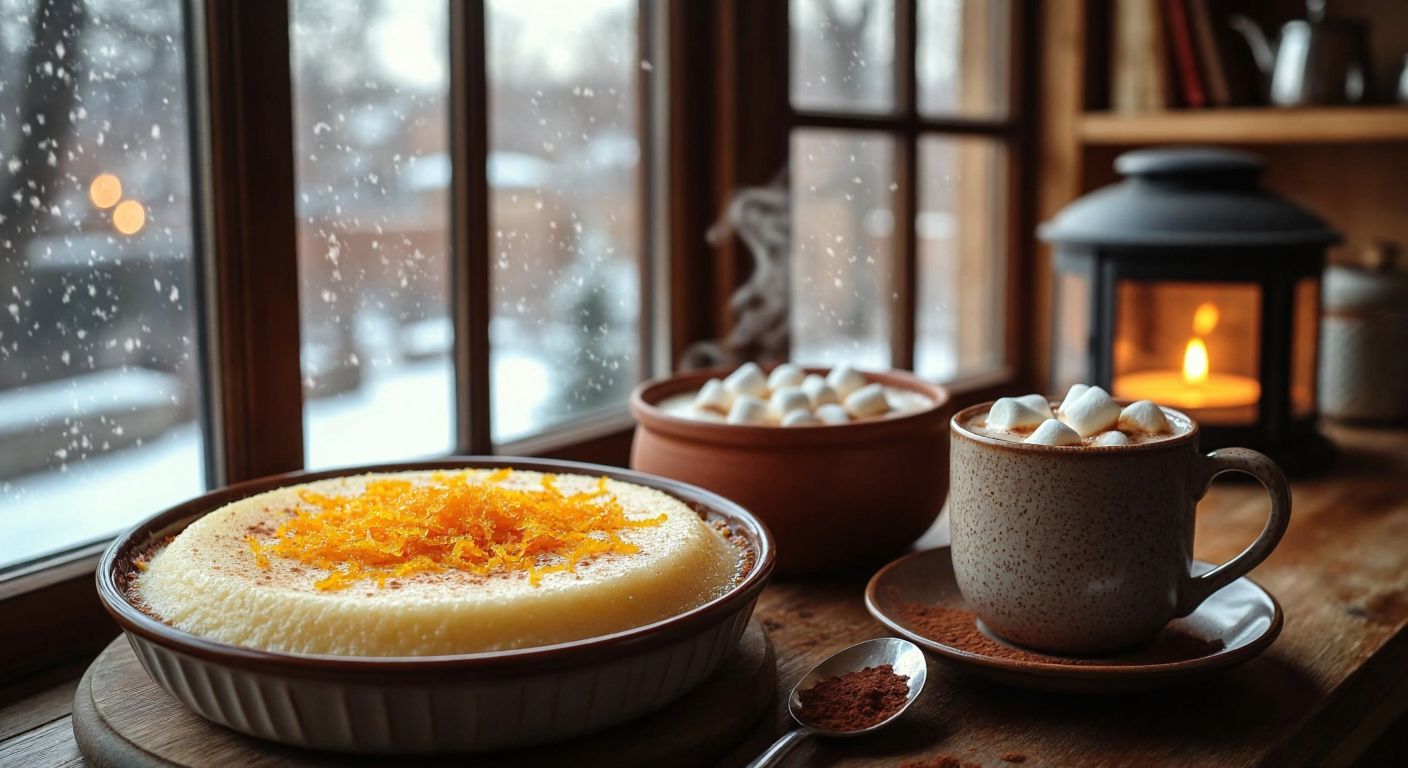 A cozy Turkish kitchen with a steaming tray of irmik tatlısı topped with orange zest, a warm bowl of fırında sütlaç dusted with cinnamon, and a mug of hot chocolate with melting marshmallows, all set against a snowy window backdrop.