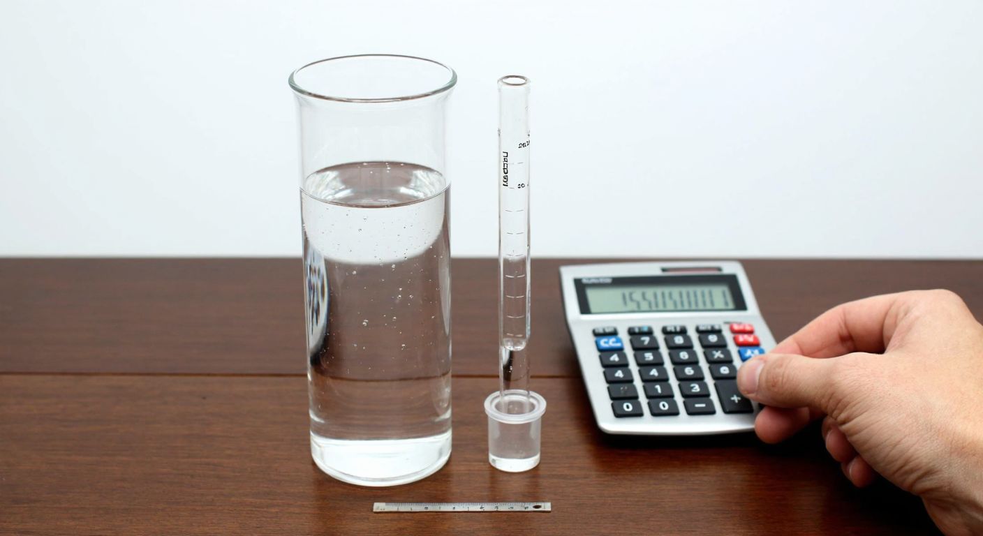 A clear glass cylinder filled with water standing on a wooden table, with a ruler beside it measuring a small column of liquid, while a hand holds a calculator nearby.