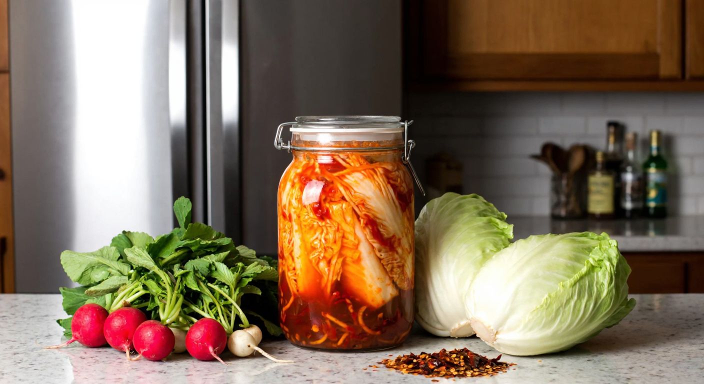 A vibrant glass jar filled with fermenting kimchi, surrounded by fresh Napa cabbage, radishes, and chili flakes, sitting on a kitchen counter with a refrigerator slightly ajar in the background.