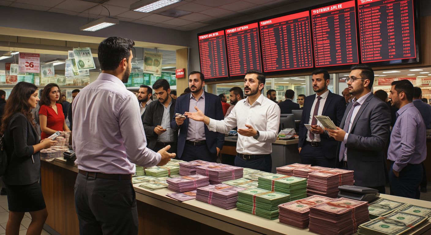A bustling Turkish exchange office with stacks of colorful foreign banknotes on the counter, a trader in a crisp shirt gesturing toward a digital board displaying fluctuating rates, and customers of varied ages clutching wallets with expressions of curiosity and concern.