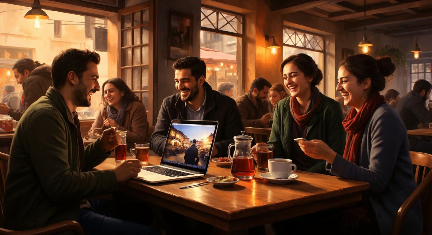 A cozy Turkish café with a laptop open on a wooden table, surrounded by laughing people in animated conversation, warm lighting casting a golden glow over steaming cups of çay.