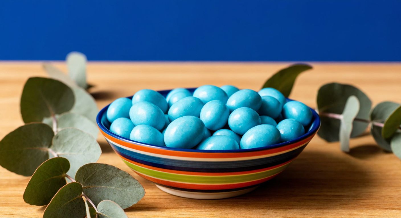 A colorful bowl of Olips candies with a faint minty aroma, placed on a wooden table in a cozy Turkish kitchen, surrounded by fresh eucalyptus leaves.