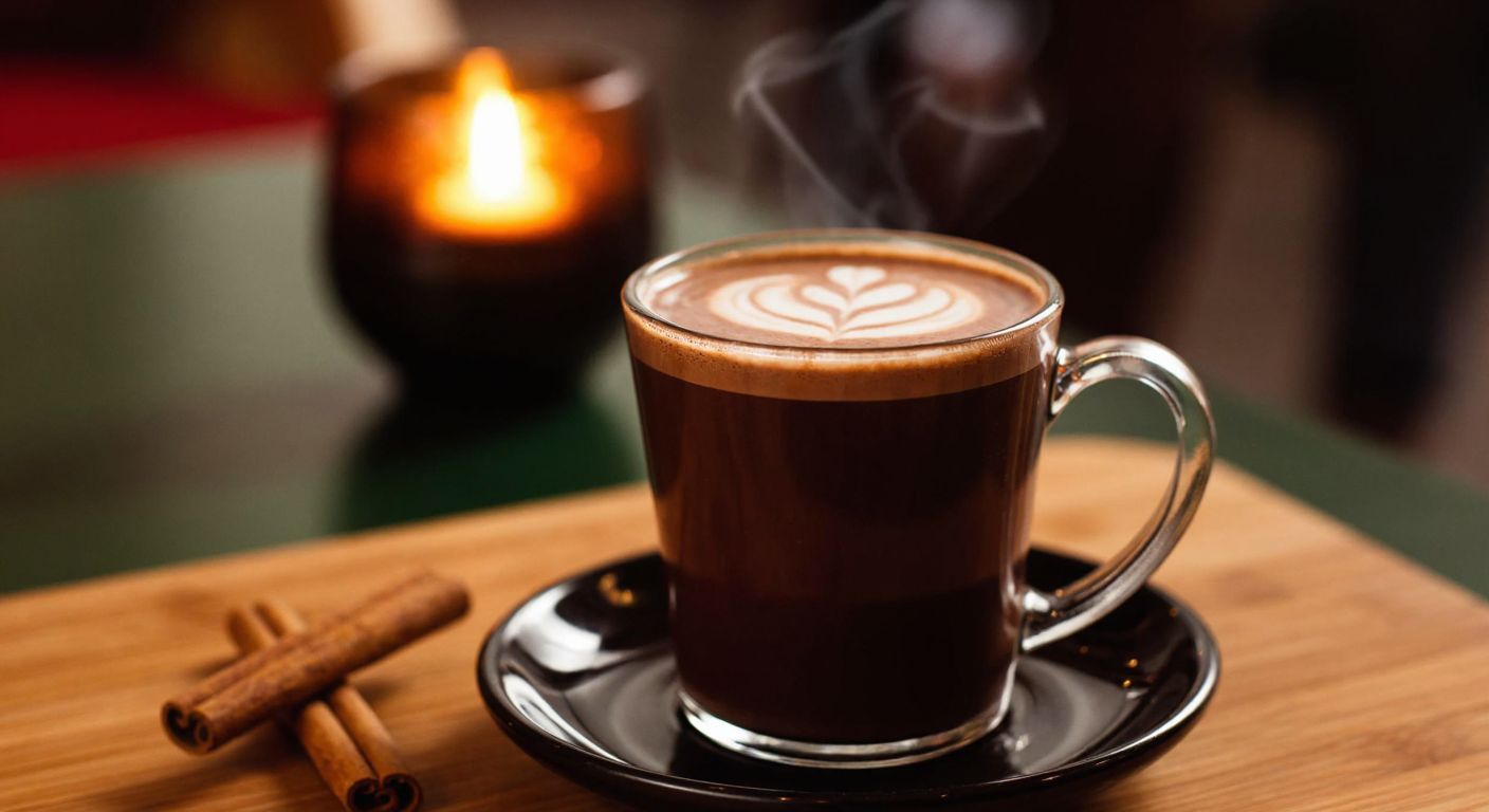 A steaming cup of rich, dark hot chocolate with a creamy swirl on top, resting on a wooden table in a cozy Turkish café, surrounded by warm light and a hint of cinnamon sticks nearby.
