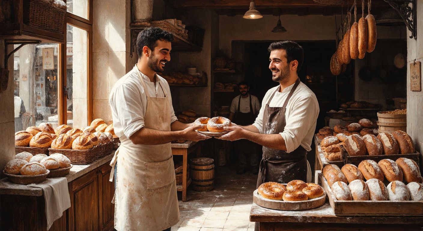 A warm Turkish bakery scene where a baker in a flour-dusted apron hands fresh simit to a smiling customer, symbolizing mutual respect for labor and craftsmanship.