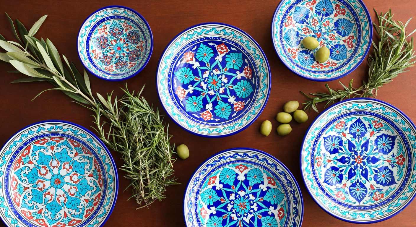 A vibrant Turkish dining table set with hand-painted çini-patterned ceramic plates and bowls, showcasing intricate blue and turquoise floral motifs, surrounded by fresh herbs and olives, evoking warmth and tradition.